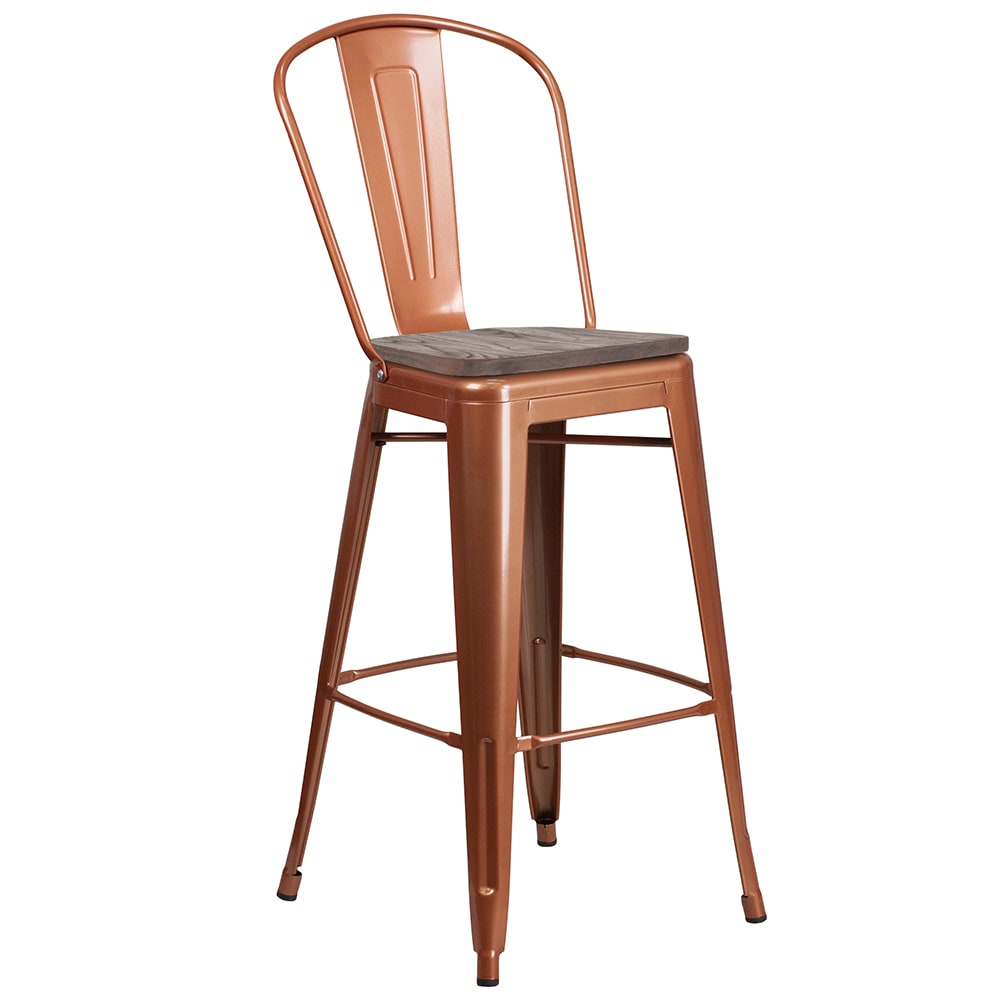916-ET353430POCWD Bar Stool w/ Curved Back & Wood Seat, Copper