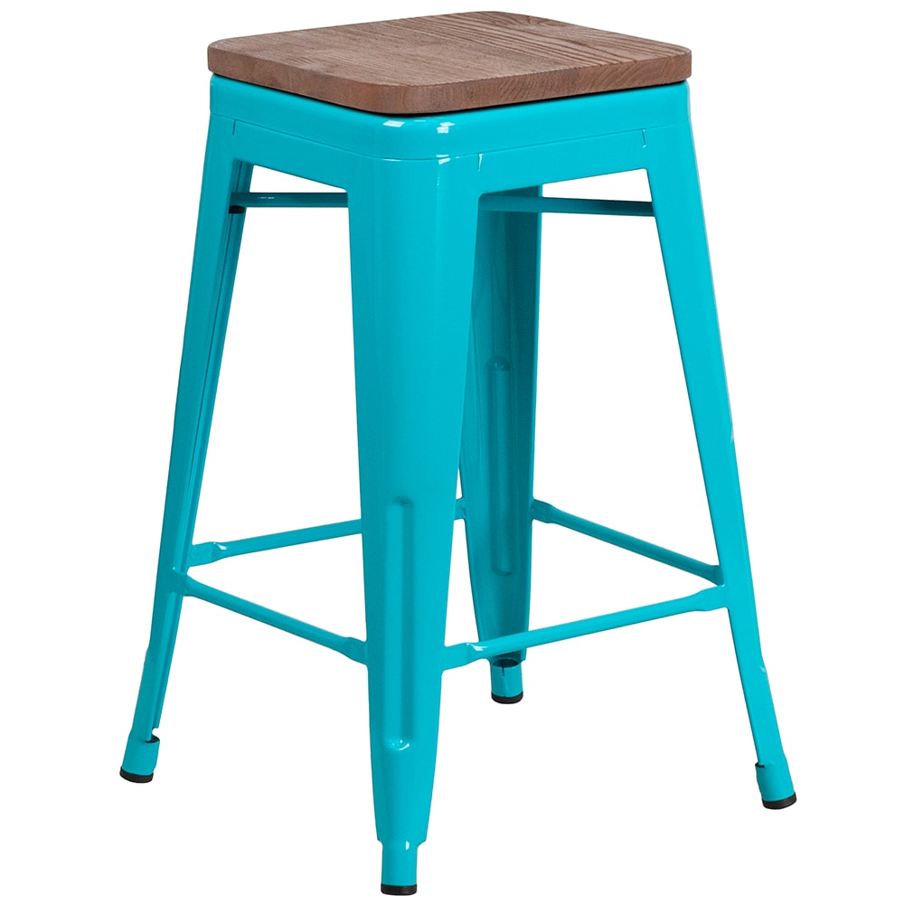 916-ETBT350324CBWD Counter Height Backless Bar Stool w/ Wood Seat, Crystal Teal Blue