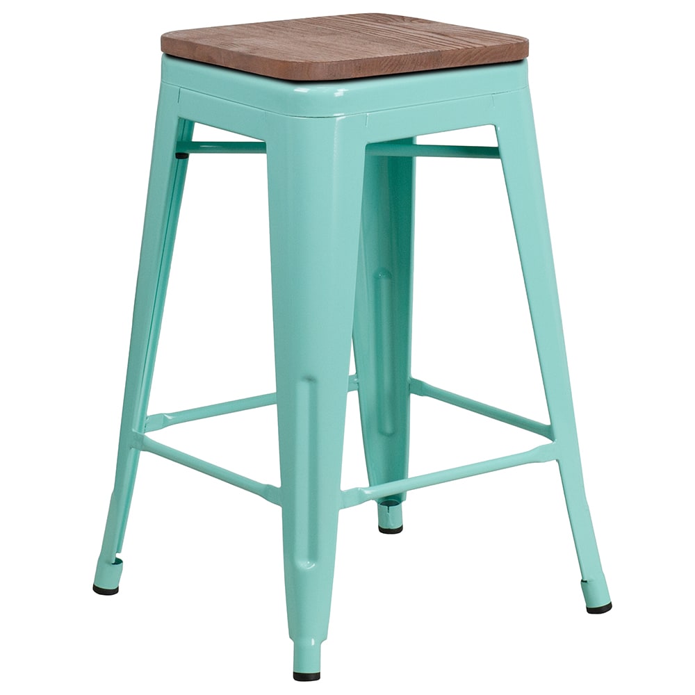 916-ETBT350324MINTWD Counter Height Backless Bar Stool w/ Wood Seat, Mint