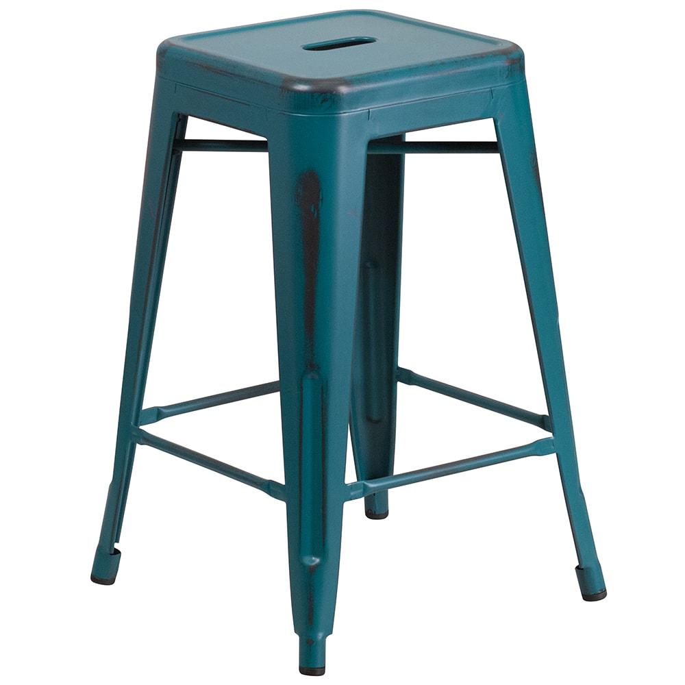 Flash Furniture ET-BT3503-24-KB-GG Counter Height Backless Bar Stool w/ Metal Seat, Distressed Kelly Blue