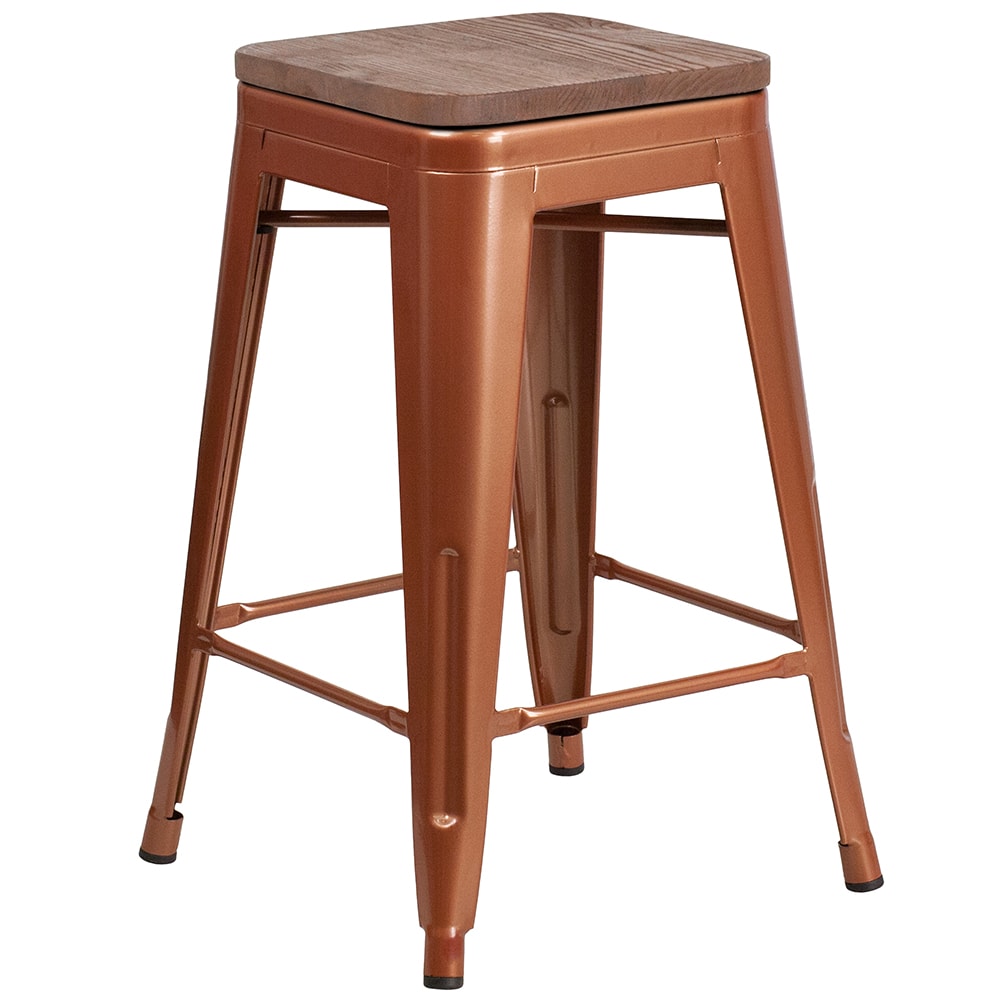 916-ETBT350324POCWD Counter Height Backless Bar Stool w/ Wood Seat, Copper