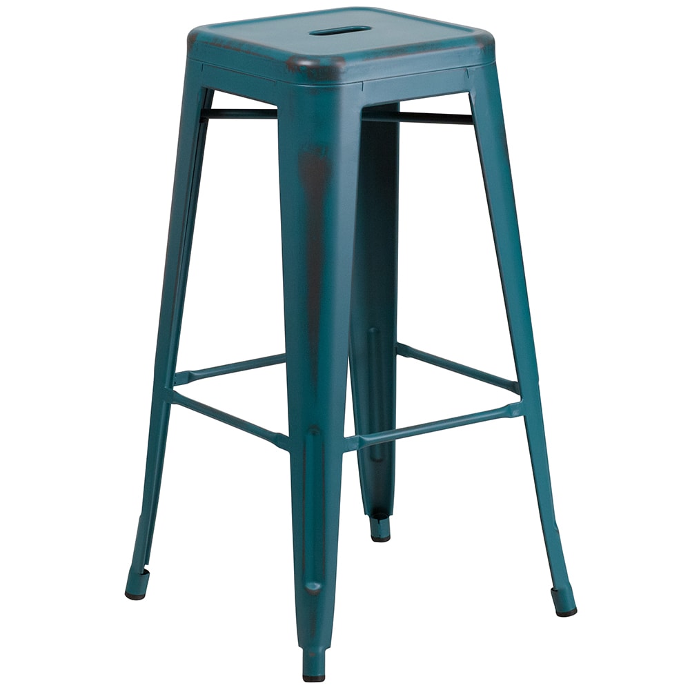 916-ETBT350330KB Backless Bar Stool w/ Metal Seat, Distressed Kelly Blue