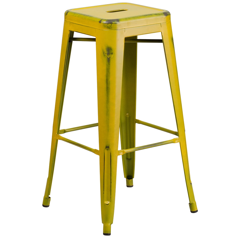 916-ETBT350330YLGG Backless Bar Stool w/ Metal Seat, Distressed Yellow