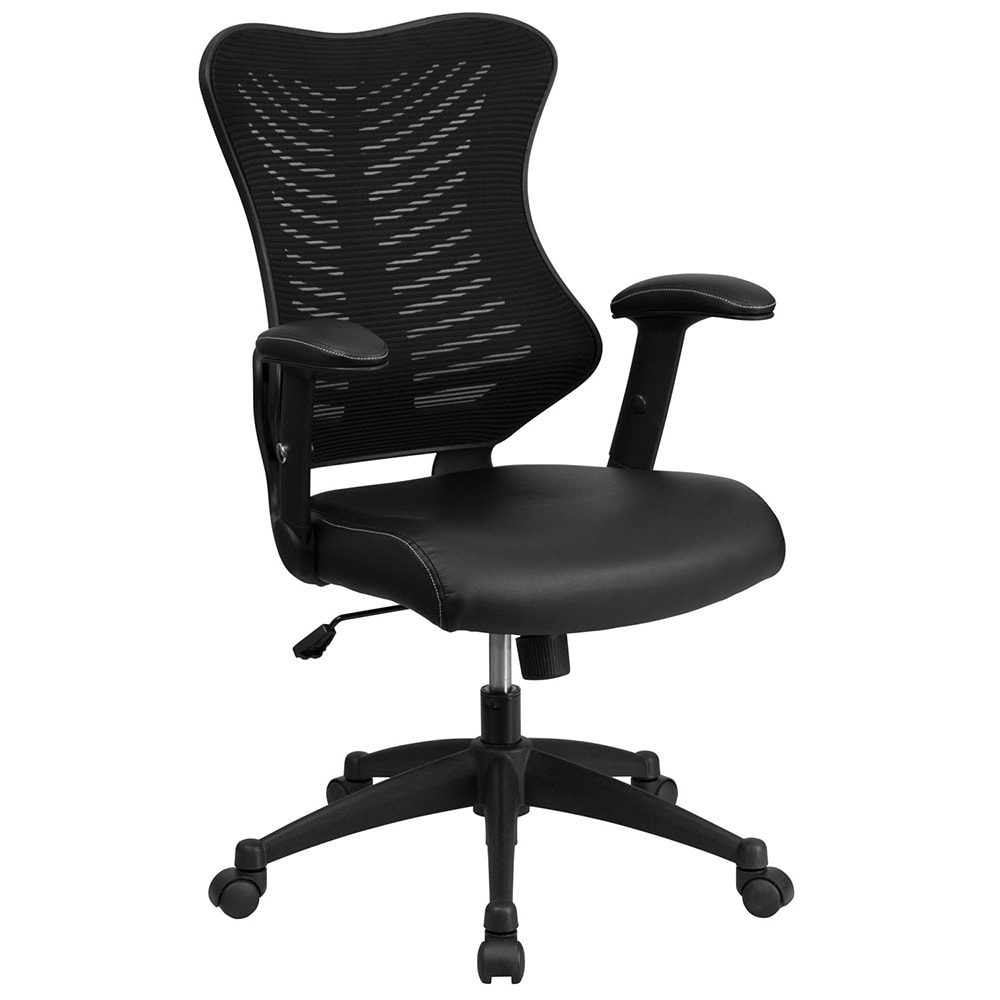 Flash Furniture BL-ZP-806-BK-LEA-GG Swivel Office Chair w/ High Back - Black Mesh Back & LeatherSoft Seat