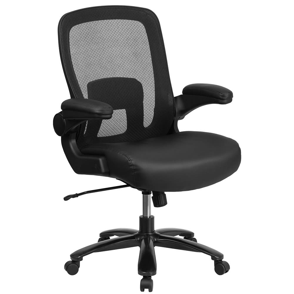 916-BT20180LEA Swivel Big & Tall Office Chair w/ High Back - Black Mesh Back & LeatherSof...