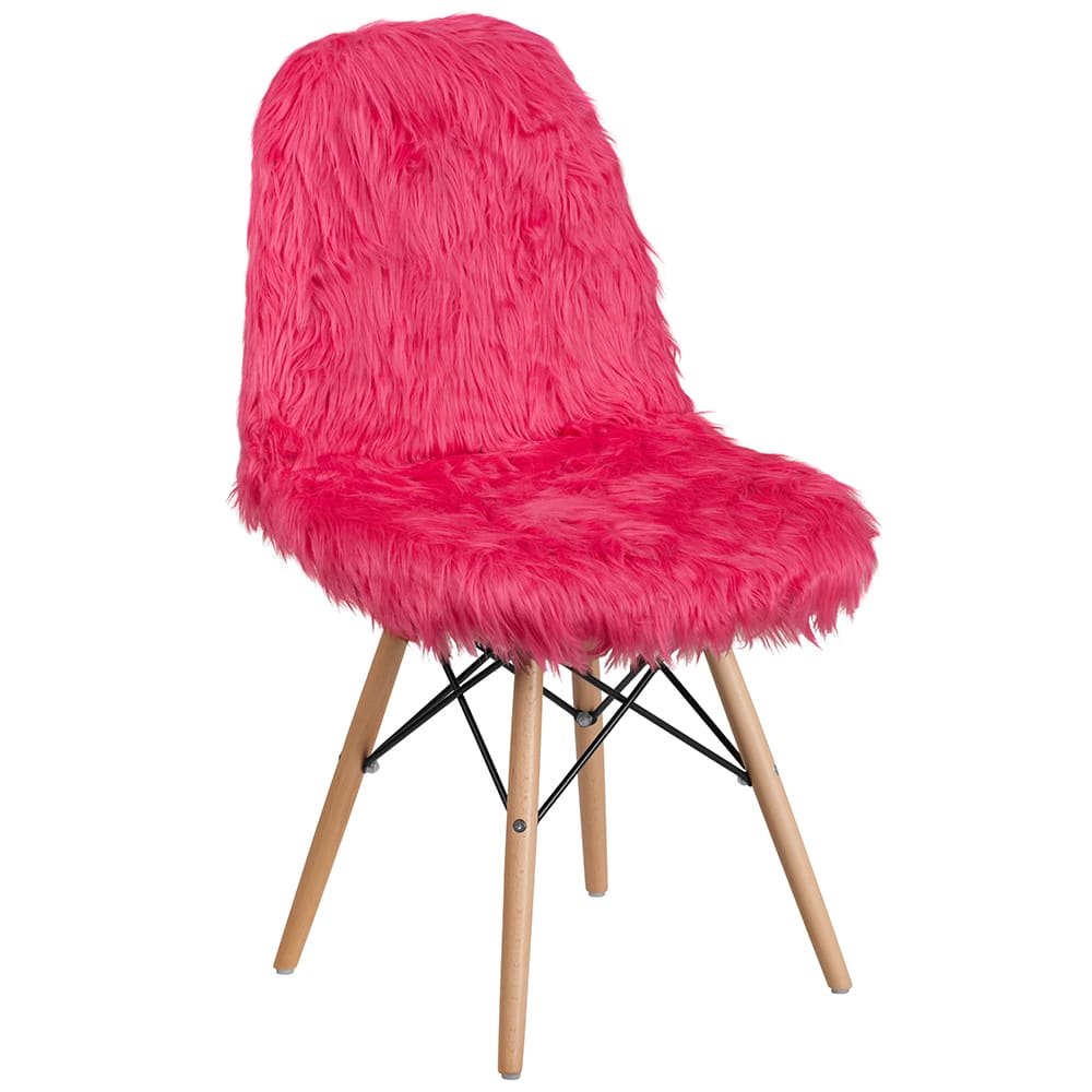 916-DL1 Accent Side Chair - Hot Pink Shaggy Fur Upholstery, Wood Legs