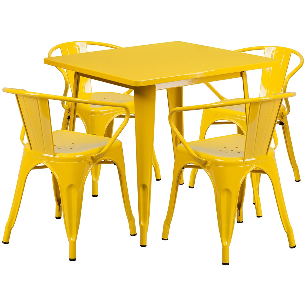 916-ETCT002470YL 31 1/2" Square Table & 4 Arm Chair Set - Steel, Yellow