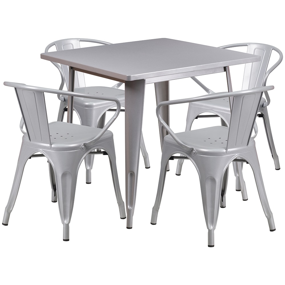 916-ETCT002470SIL 31 1/2" Square Table & (4) Arm Chair Set - Steel, Silver