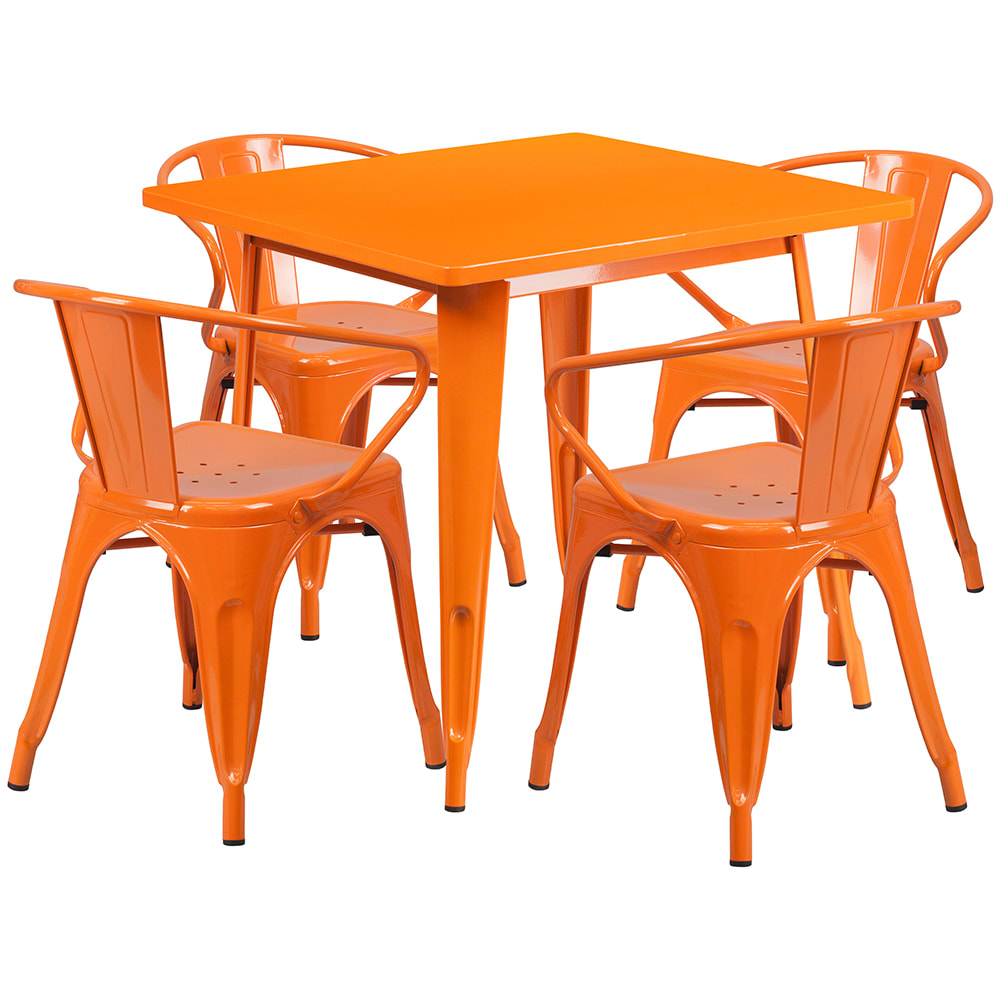 916-ETCT002470OR 31 1/2" Square Table & 4 Arm Chair Set - Steel, Orange