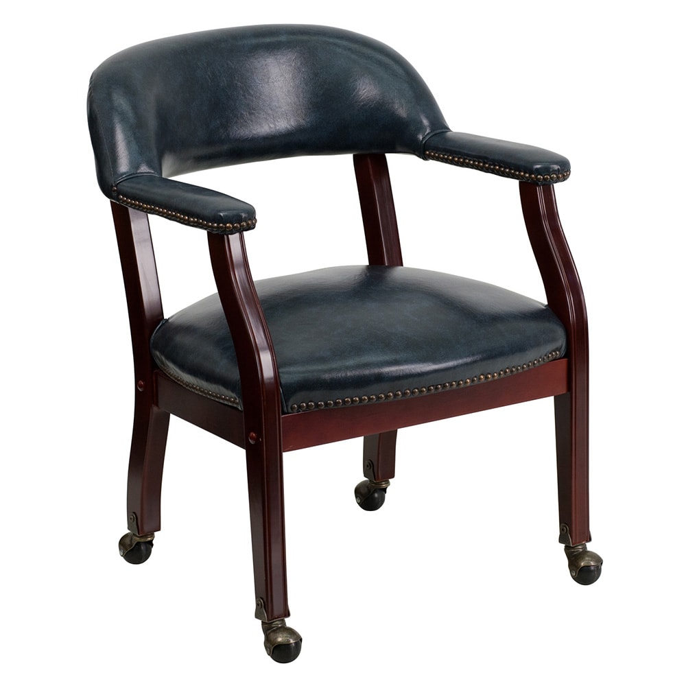 916-BZ100NAVY Rolling Conference Chair w/ Navy Blue Vinyl Upholstery & Mahogany Wood Frame
