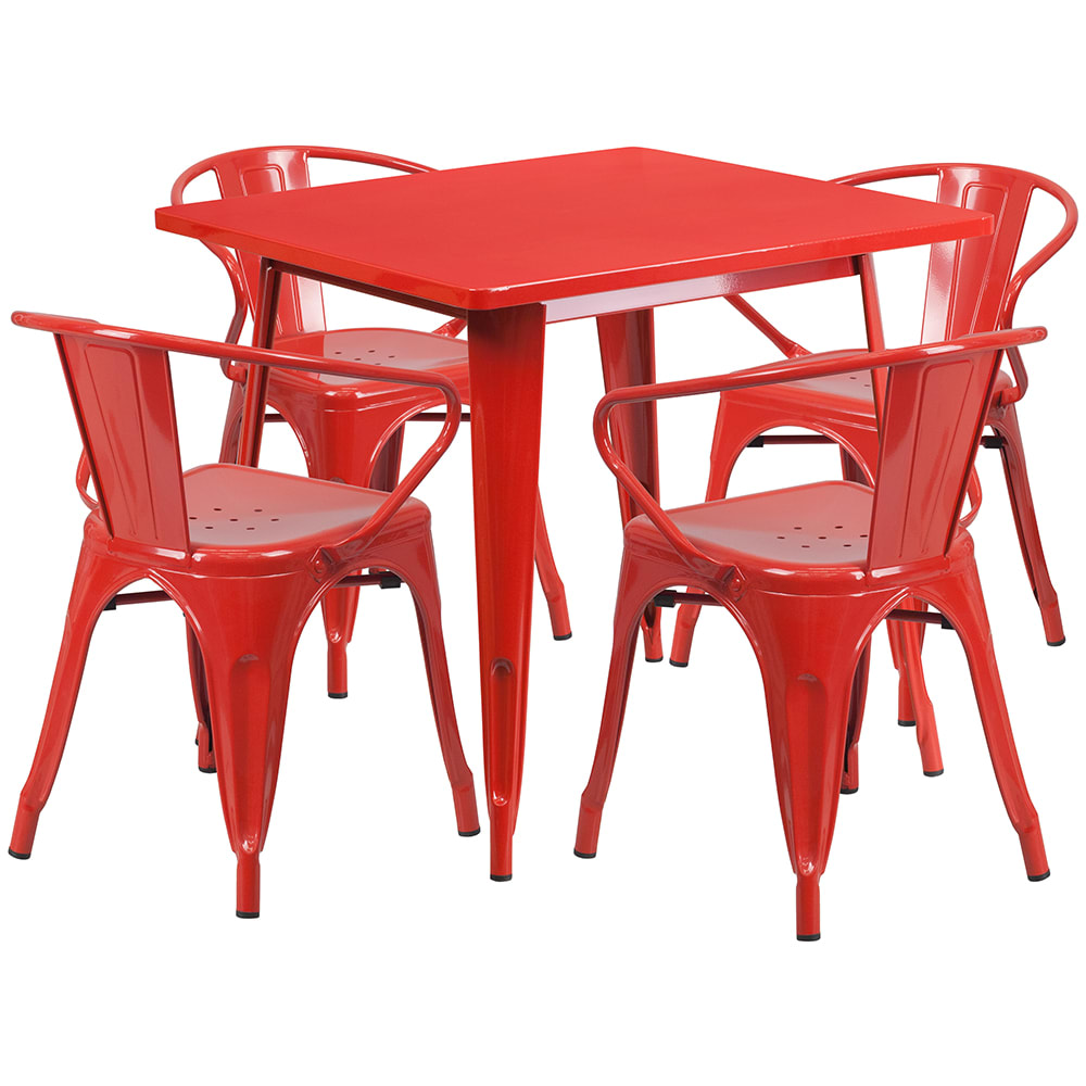 916-ETCT002470RED 31 1/2" Square Table & 4 Arm Chair Set - Steel, Red