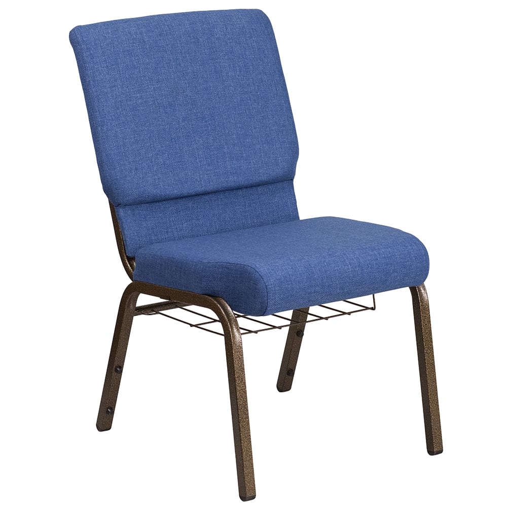 916-FC02185GVBLUB Stacking Church Chair w/ Blue Fabric Back & Seat - Steel Frame, Gold Vein