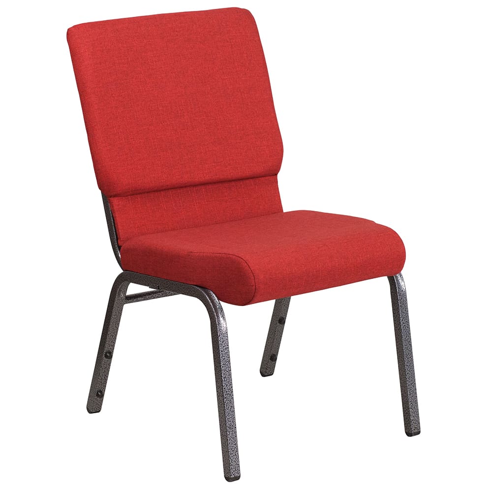 916-FC02185SVRED Stacking Church Chair w/ Red Fabric Back & Seat - Steel Frame, Silver Vein