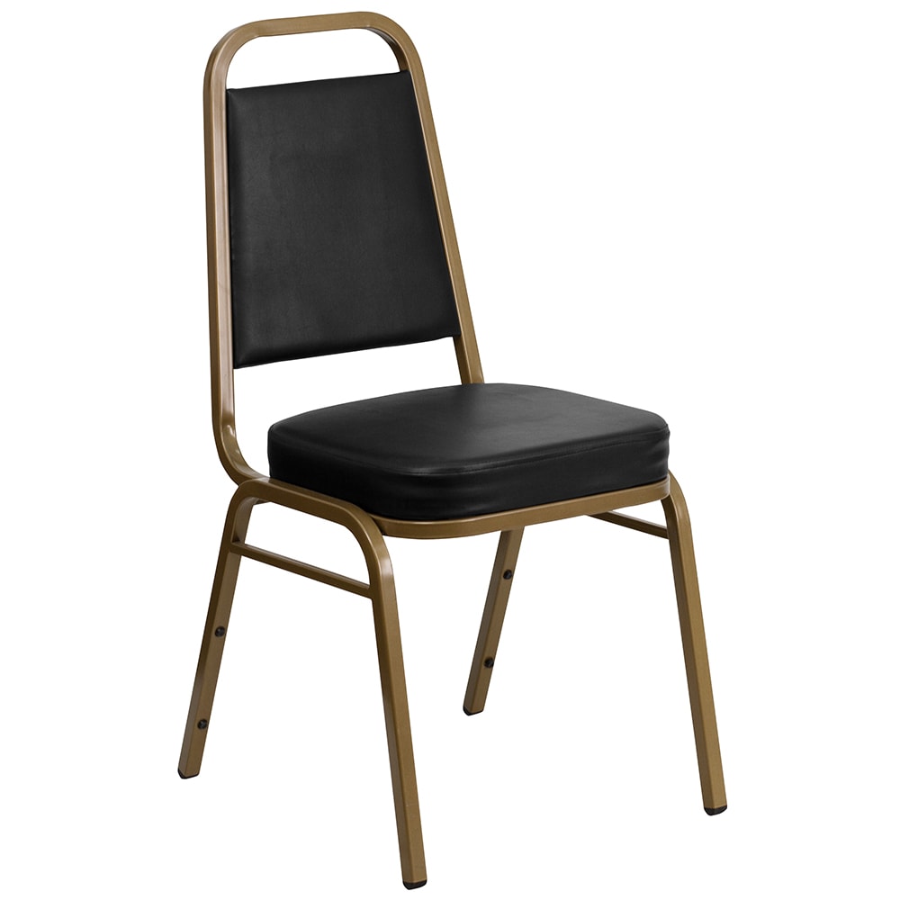 916-FDBHF1AGLDBK Stacking Banquet Chair w/ Black Vinyl Back & Seat - Steel Frame, Gold