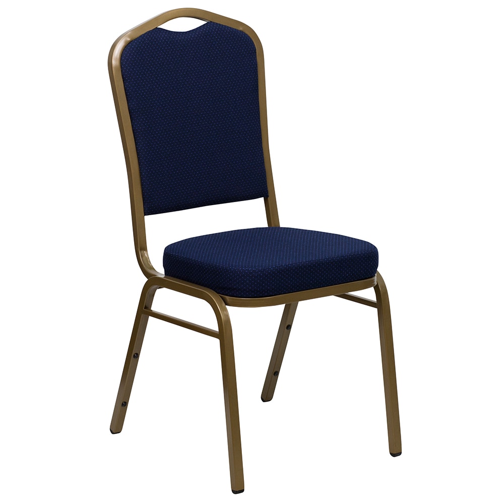 916-FDC01AGLD2056 Stacking Banquet Chair w/ Navy Blue Patterned Fabric Back & Seat - Steel Fr...