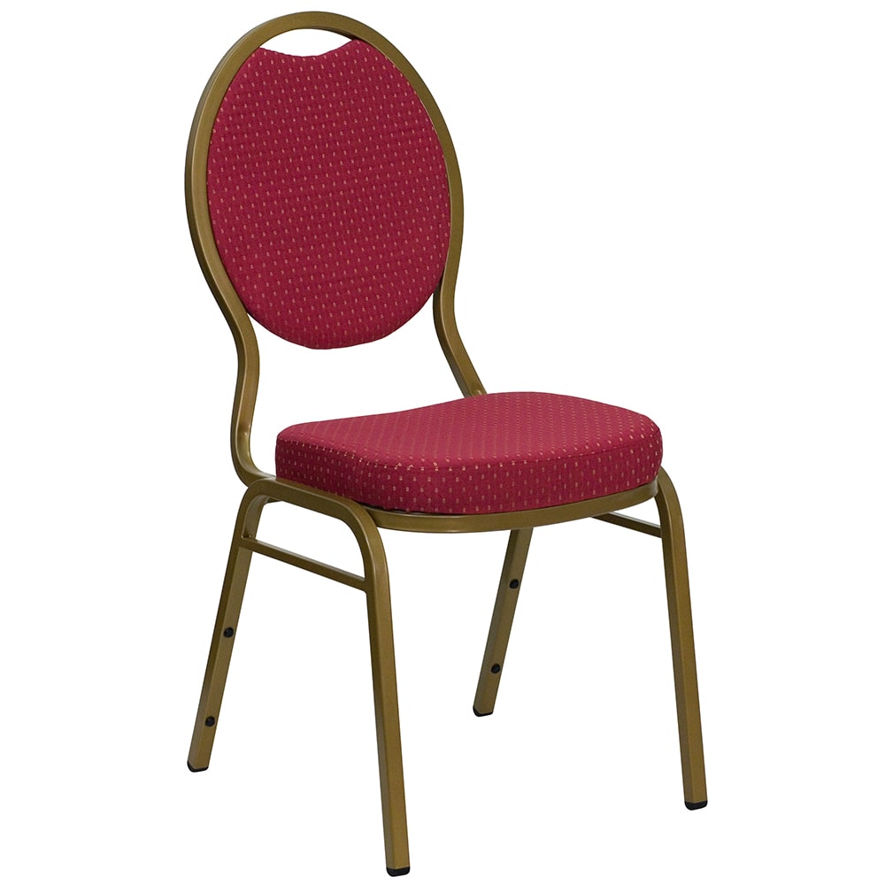 916-FDC04AGLD2804 Stacking Banquet Chair w/ Burgundy Patterned Fabric Back & Seat - Steel Fra...