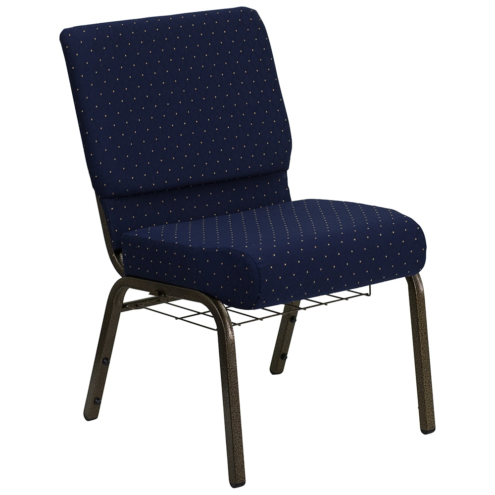 916-FC02214GVS0810B Extra Wide Church Chair w/ Navy Blue Dot Fabric Back & Seat - Steel Frame...