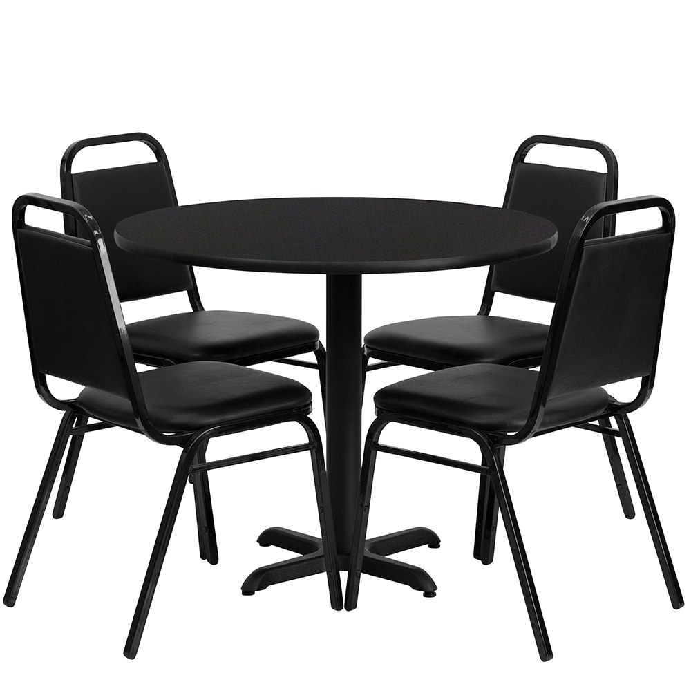 Flash Furniture HDBF1001-GG 36" Round Table & (4) Banquet Chair Set - Black Laminate Top, Cast Iron Base