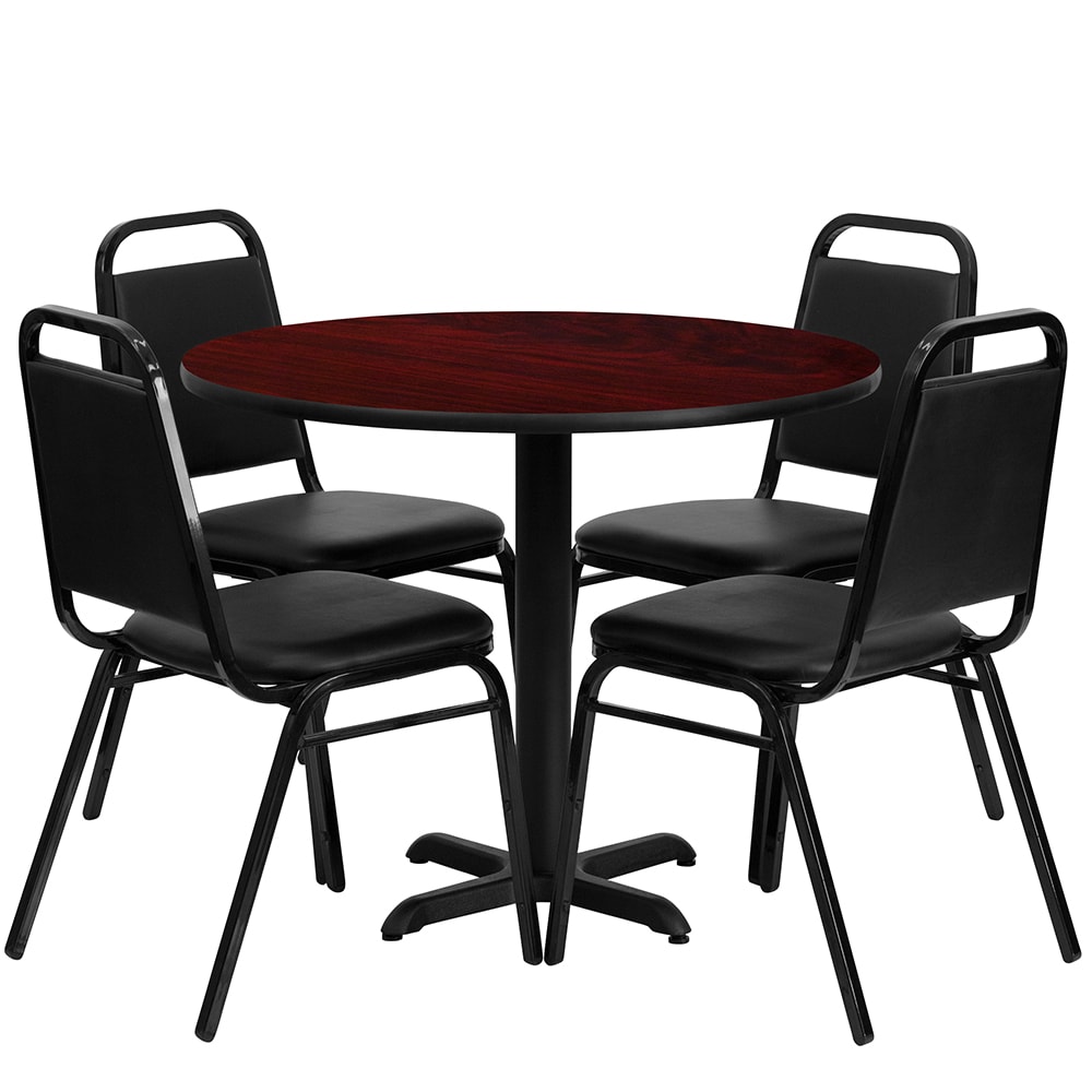 916-HDBF1002 36" Round Table & (4) Banquet Chair Set - Mahogany Laminate Top, Cast Iron...