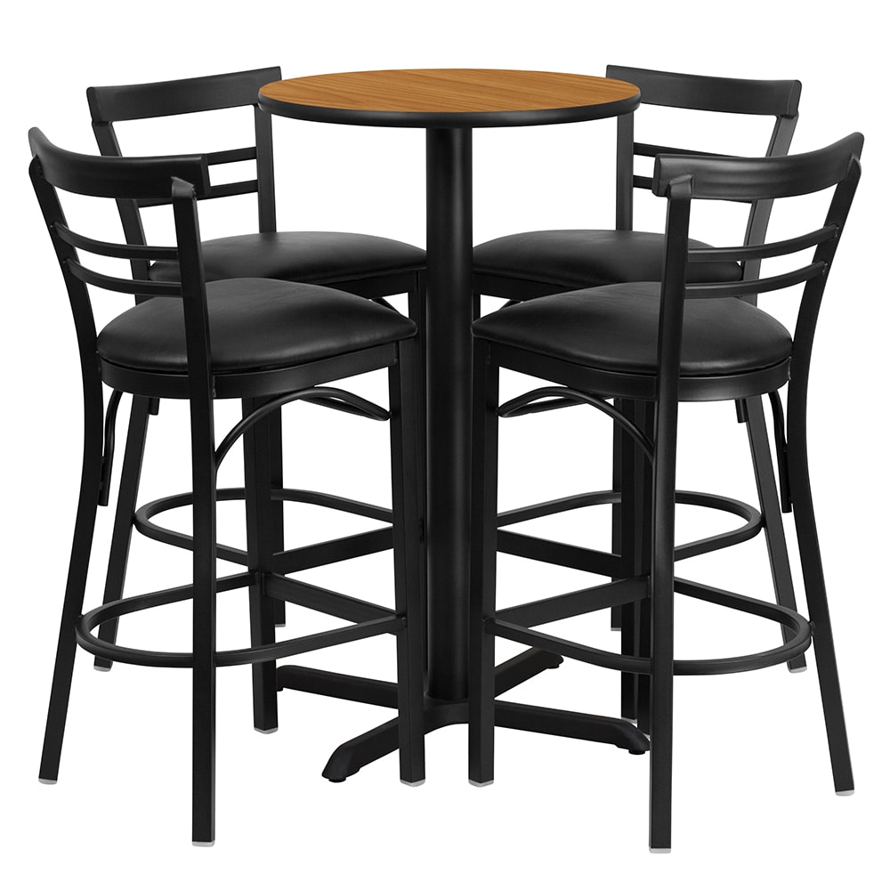 916-HDBF1035 24" Round Bar Height Table w/ (4) Bar Stool Set - Natural Laminate Top, Steel B...