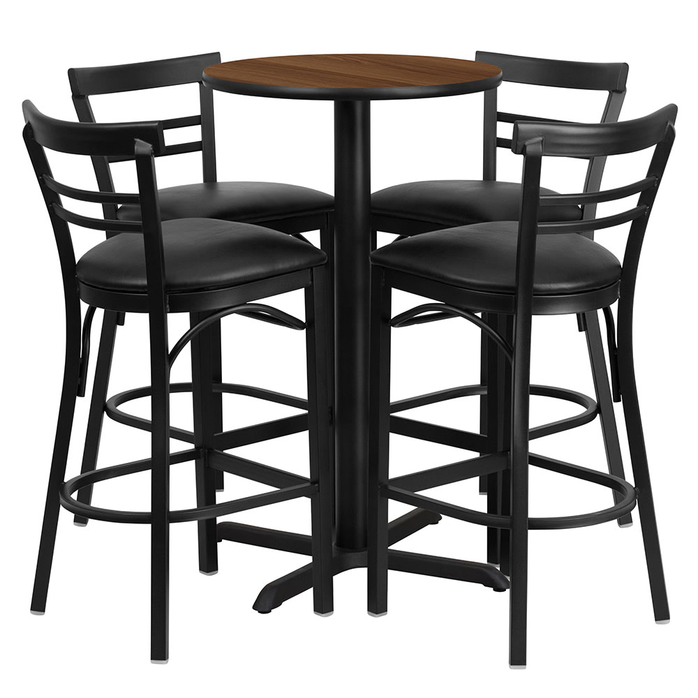 916-HDBF1036 24" Round Bar Height Table w/ (4) Bar Stool Set - Walnut Laminate Top, Steel Ba...