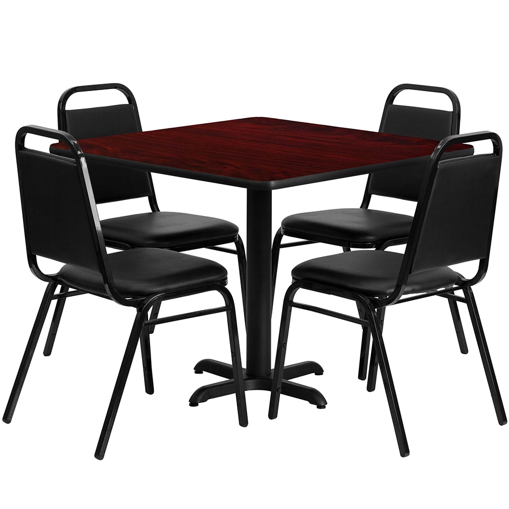916-HDBF1010 36" Square Table & (4) Banquet Chair Set - Mahogany Laminate Top, Cast Iron...