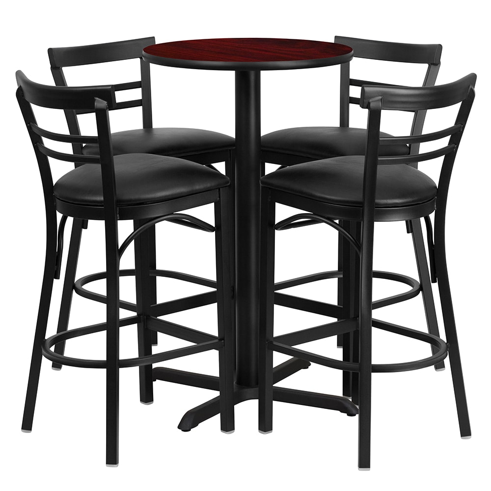916-HDBF1034 24" Round Bar Height Table w/ (4) Bar Stool Set - Mahogany Laminate Top, Steel...