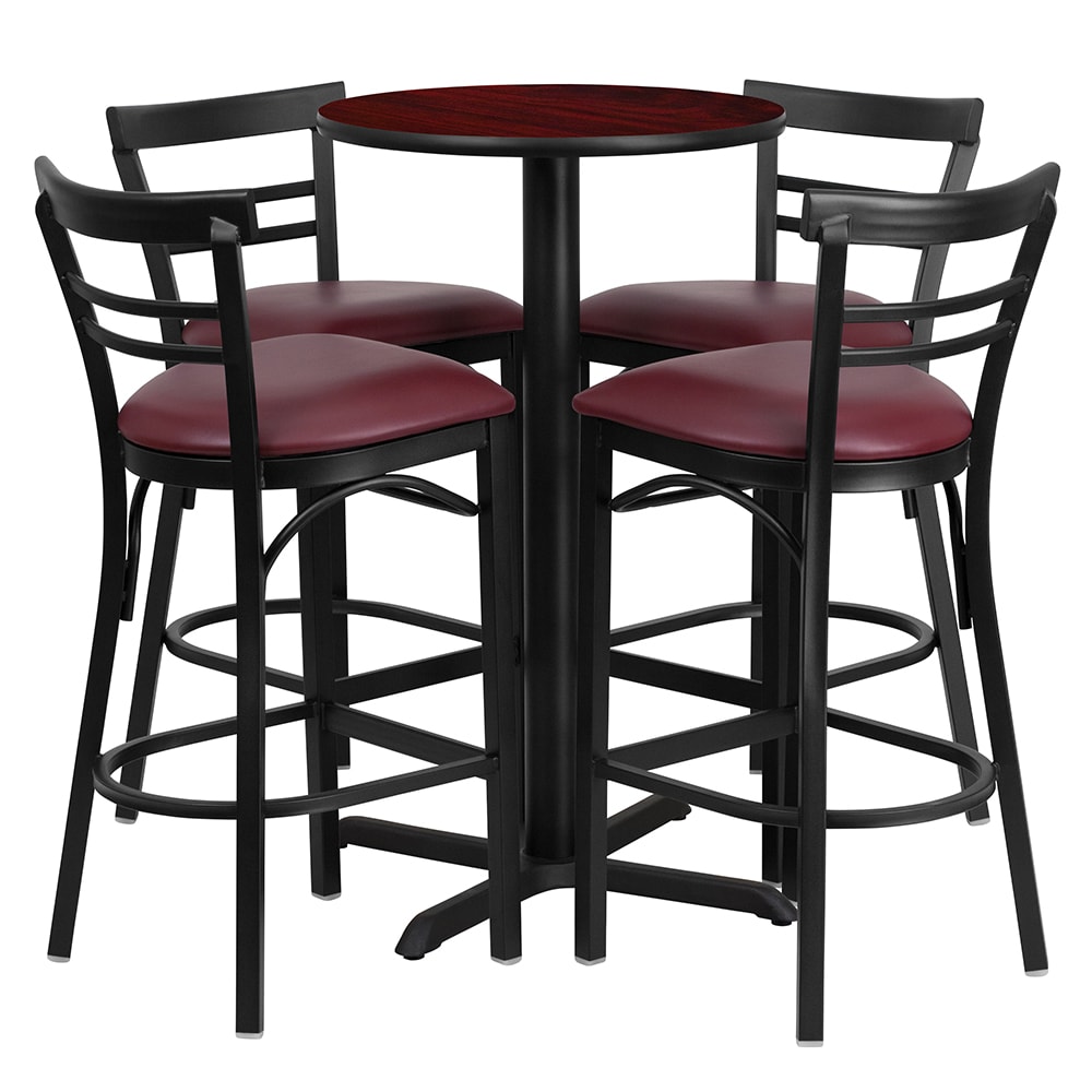 916-HDBF1038 24" Round Bar Height Table w/ (4) Bar Stool Set - Mahogany Laminate Top, Steel...