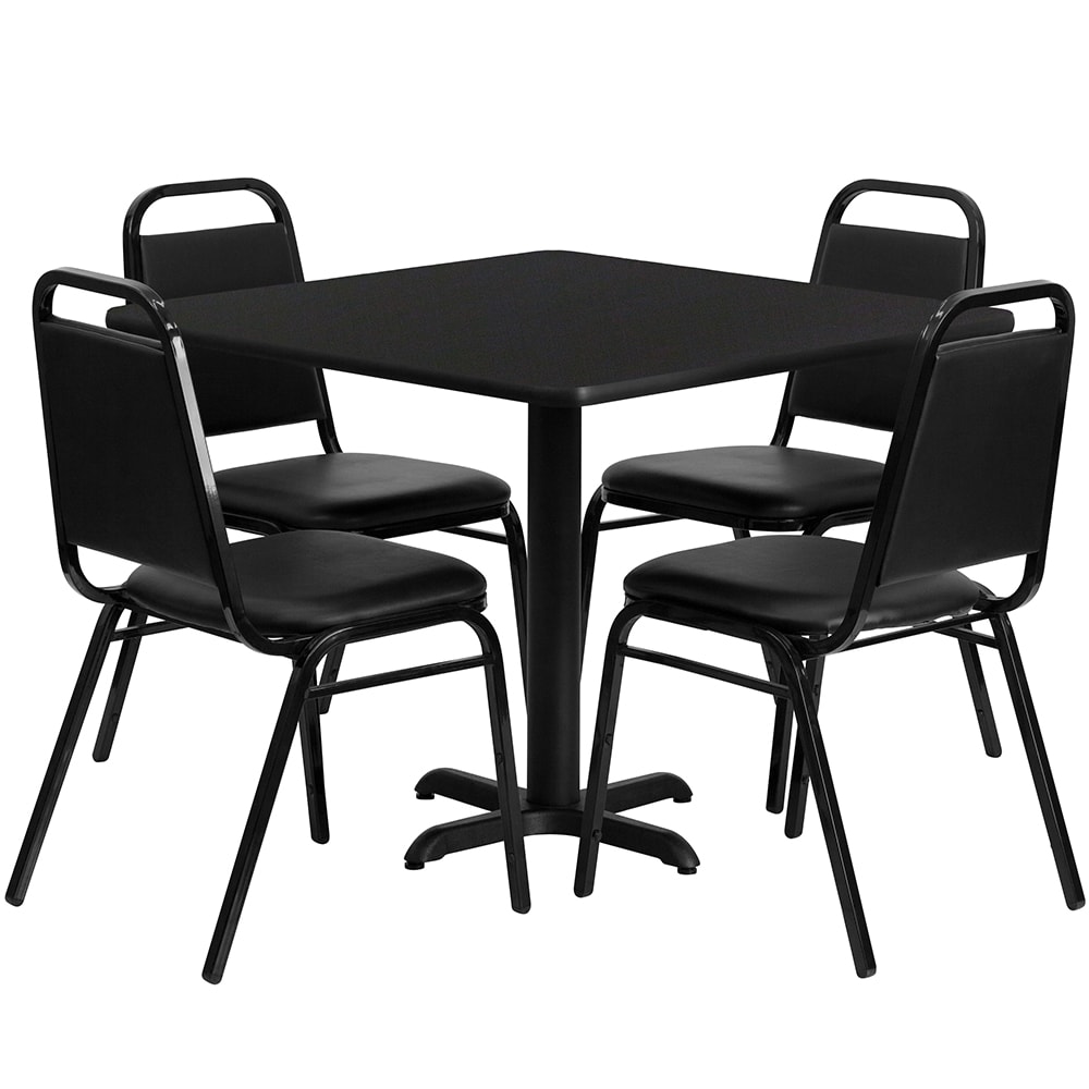 916-HDBF1009 36" Square Table & (4) Banquet Chair Set - Black Laminate Top, Cast Iron Ba...
