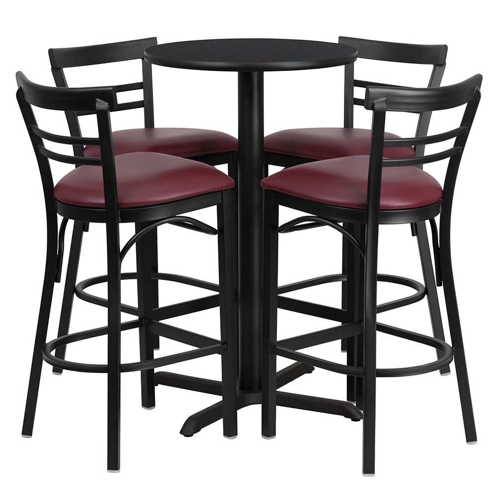 916-HDBF1037 24" Round Bar Height Table w/ (4) Bar Stool Set - Black Laminate Top, Steel Bas...