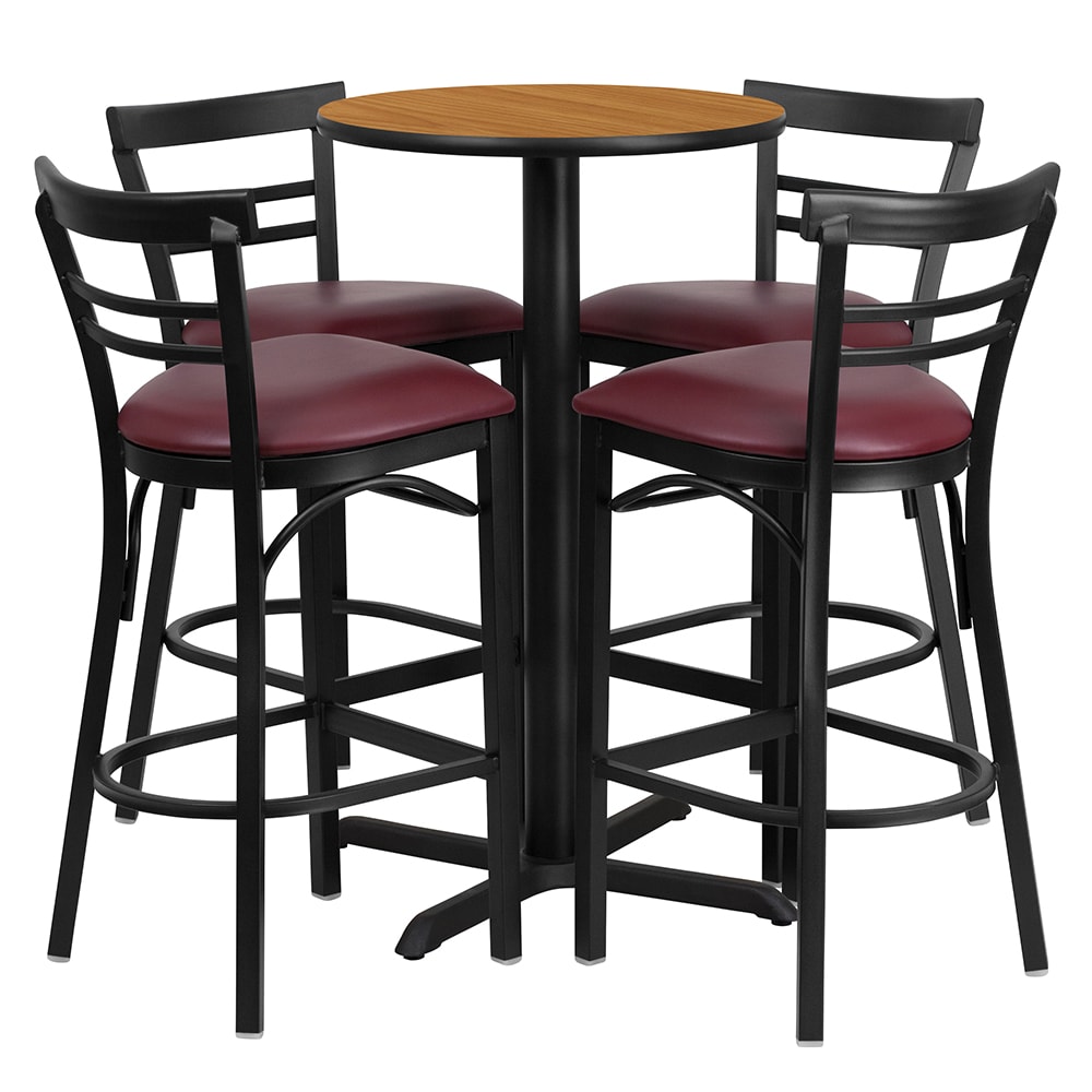 916-HDBF1039 24" Round Bar Height Table w/ (4) Bar Stool Set - Natural Laminate Top, Steel B...