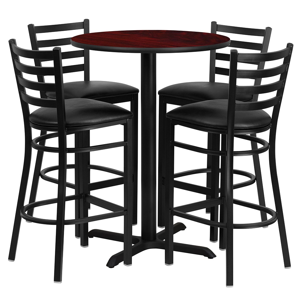 916-HDBF1022 30" Round Bar Height Table w/ (4) Bar Stool Set - Mahogany Laminate Top, Steel...