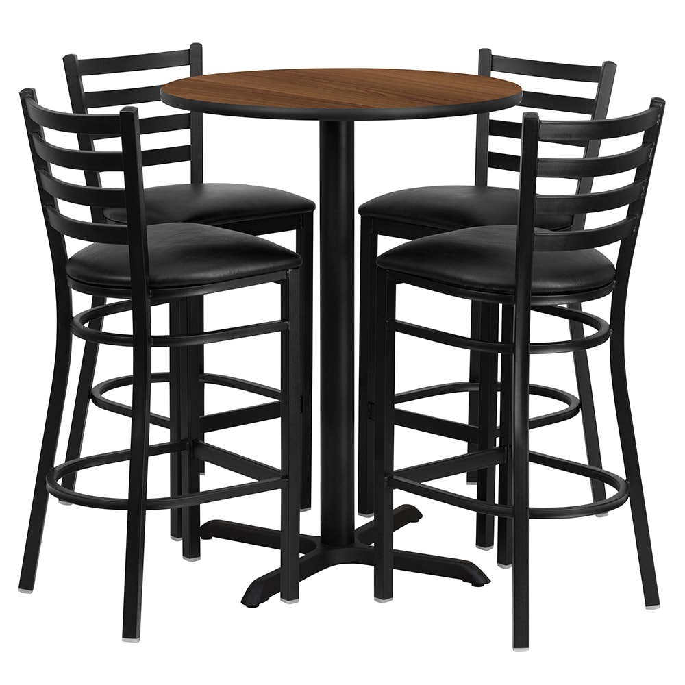 916-HDBF1024 30" Round Bar Height Table w/ (4) Bar Stool Set - Walnut Laminate Top, Steel Ba...