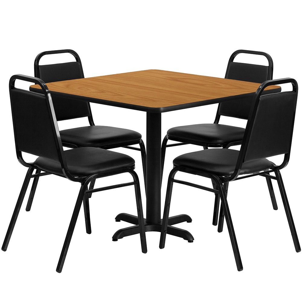916-HDBF1011 36" Square Table & (4) Banquet Chair Set - Natural Laminate Top, Cast Iron...