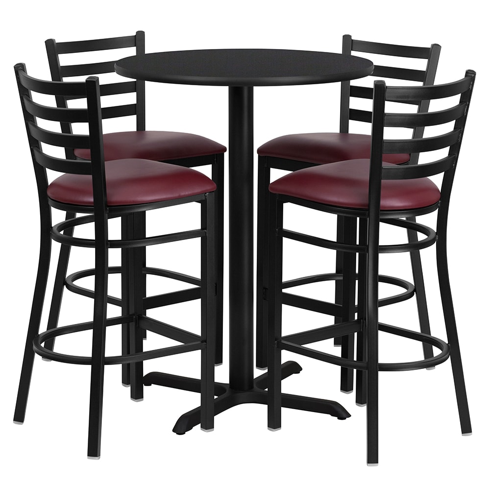916-HDBF1025 30" Round Bar Height Table w/ (4) Bar Stool Set - Black Laminate Top, Steel Bas...