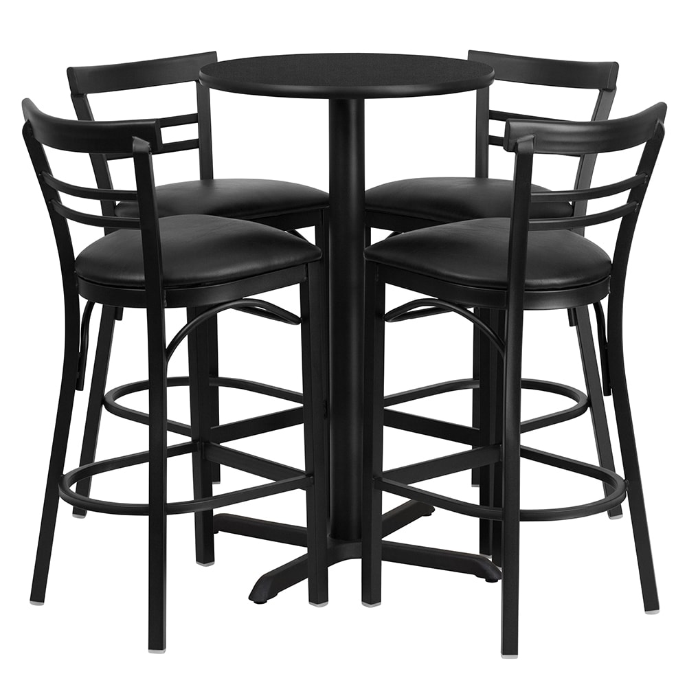 916-HDBF1033 24" Round Bar Height Table w/ (4) Bar Stool Set - Black Laminate Top, Steel Bas...