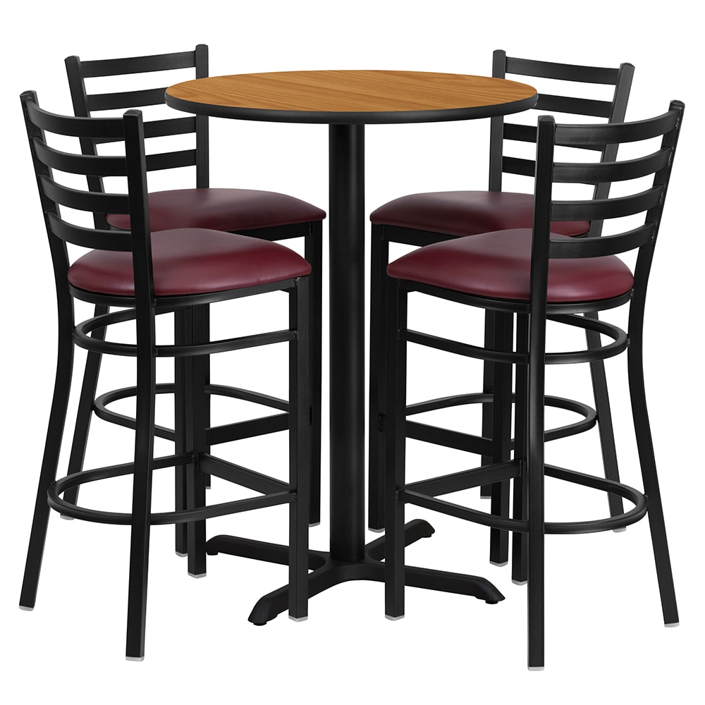 916-HDBF1027 30" Round Bar Height Table w/ (4) Bar Stool Set - Natural Laminate Top, Steel B...