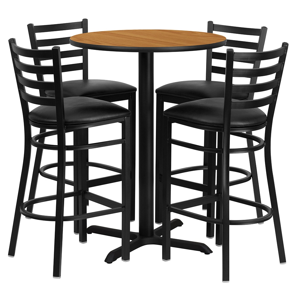 916-HDBF1023 30" Round Bar Height Table w/ (4) Bar Stool Set - Natural Laminate Top, Steel B...