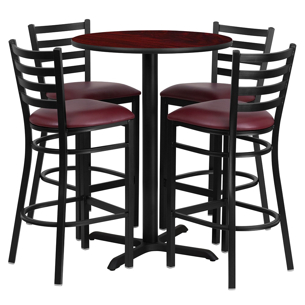 916-HDBF1026 30" Round Bar Height Table w/ (4) Bar Stool Set - Mahogany Laminate Top, Steel...