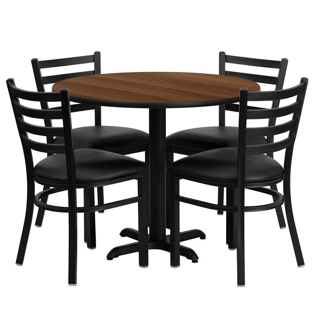916-HDBF1032 36" Round Table & (4) Chair Set - Walnut Laminate Top, Cast Iron Base