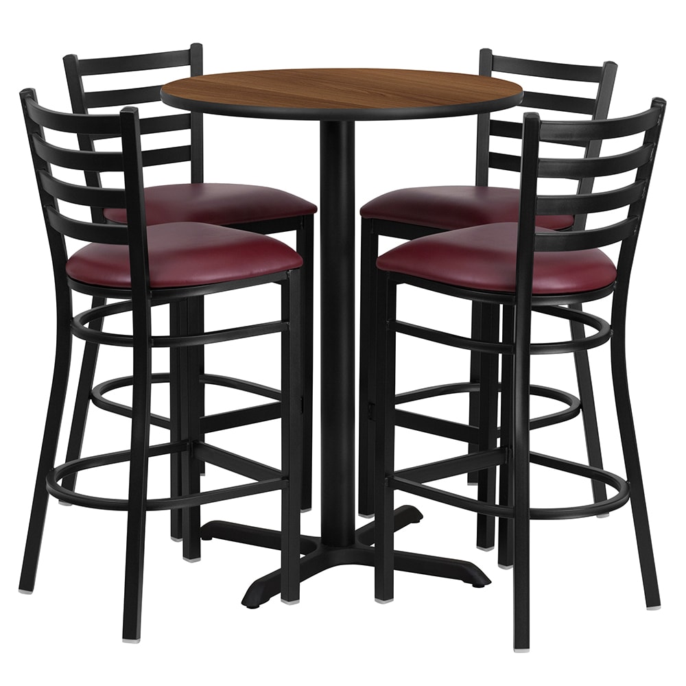 916-HDBF1028 30" Round Bar Height Table w/ (4) Bar Stool Set - Walnut Laminate Top, Steel Ba...