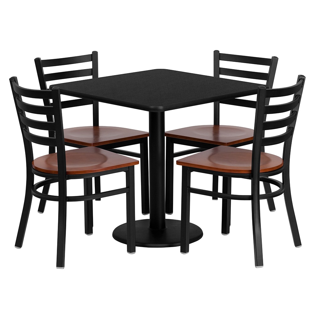 916-MD0003 30" Square Table & (4) Chair Set - Black Laminate Top, Cast Iron Base