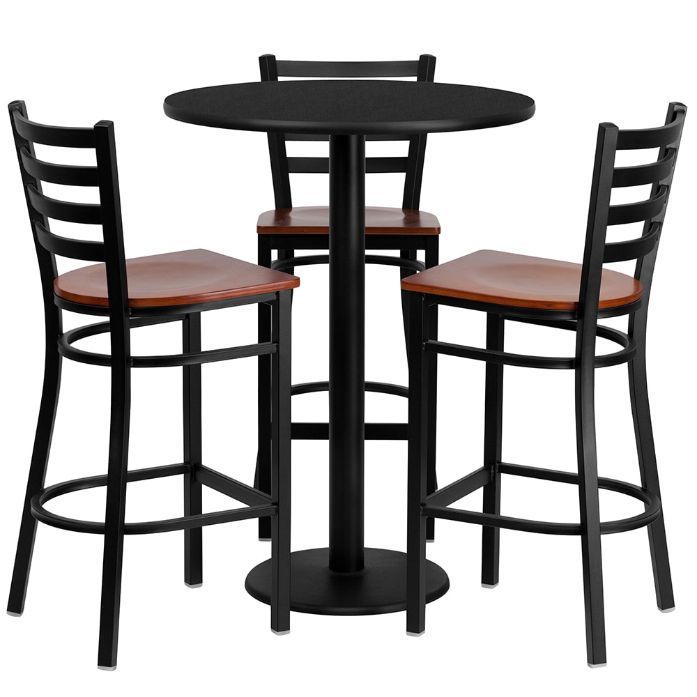 916-MD0013 30" Round Bar Height Table w/ (4) Bar Stool Set - Black Laminate Top, Steel Base