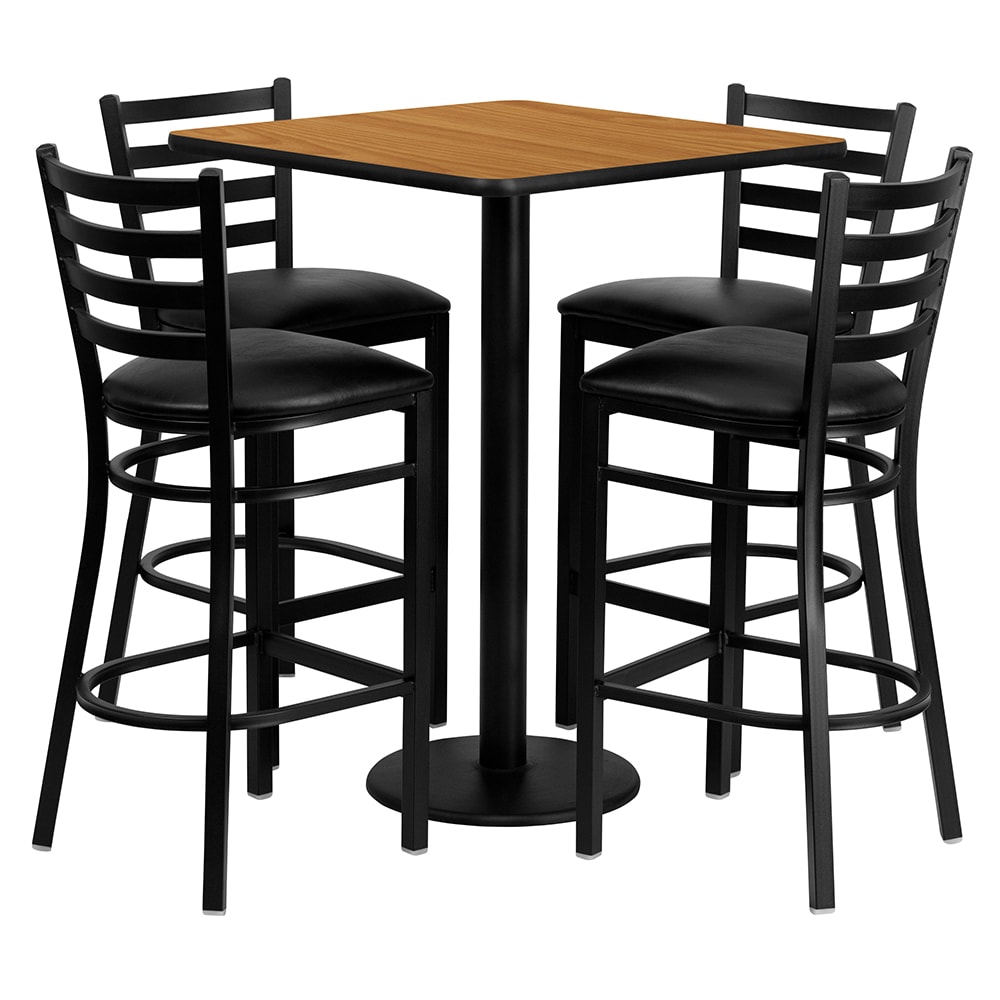 916-MD0012 30" Square Bar Height Table w/ (4) Bar Stool Set - Natural Laminate Top, Steel Ba...