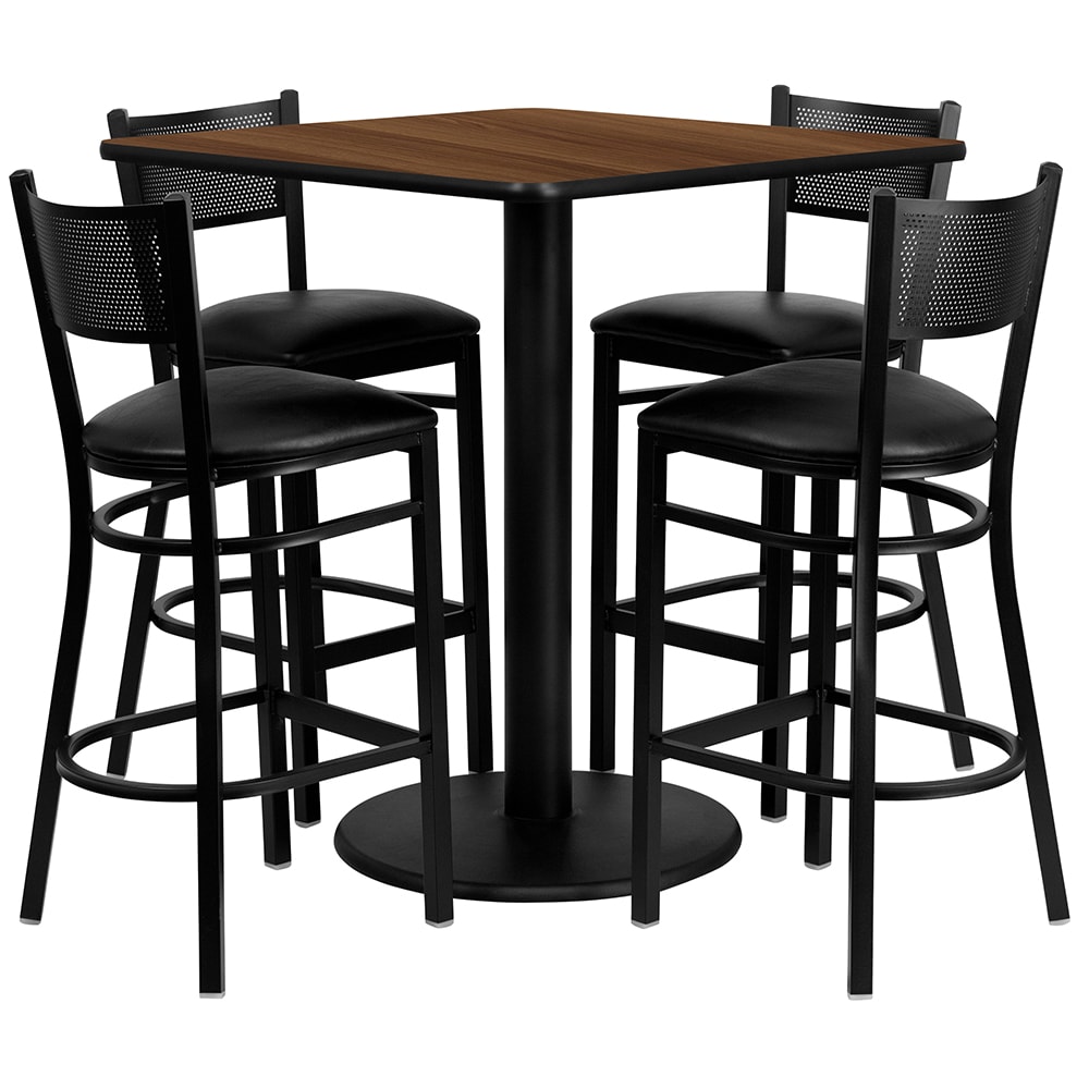 916-MD0015 36" Square Bar Height Table w/ (4) Bar Stool Set - Walnut Laminate Top, Steel Bas...