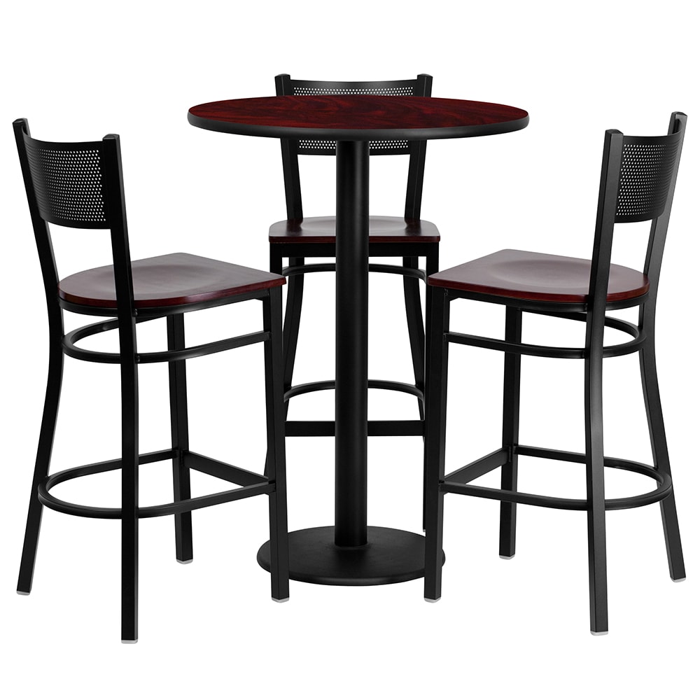 916-MD0017 30" Square Bar Height Table w/ (3) Bar Stool Set - Mahogany Laminate Top, Steel B...