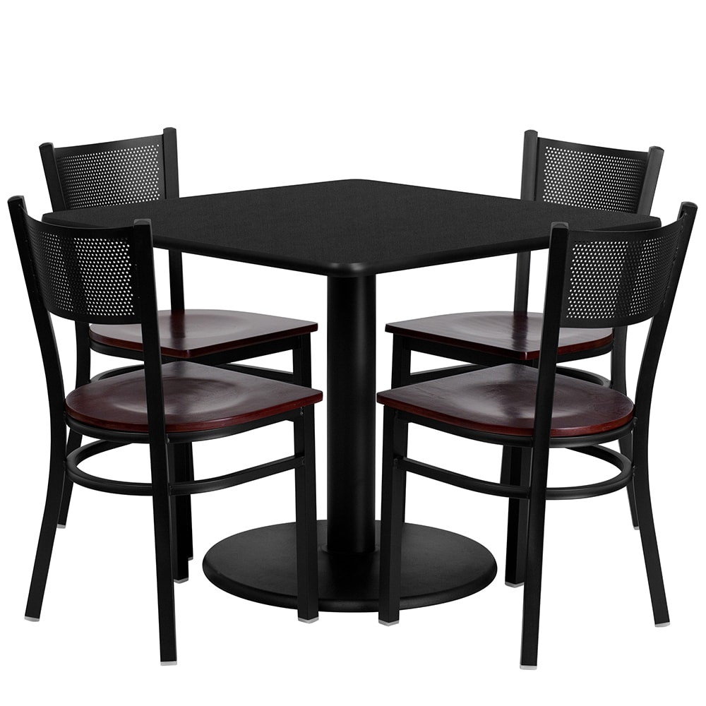 916-MD0008 36" Square Table & (4) Chair Set - Black Laminate Top, Cast Iron Base