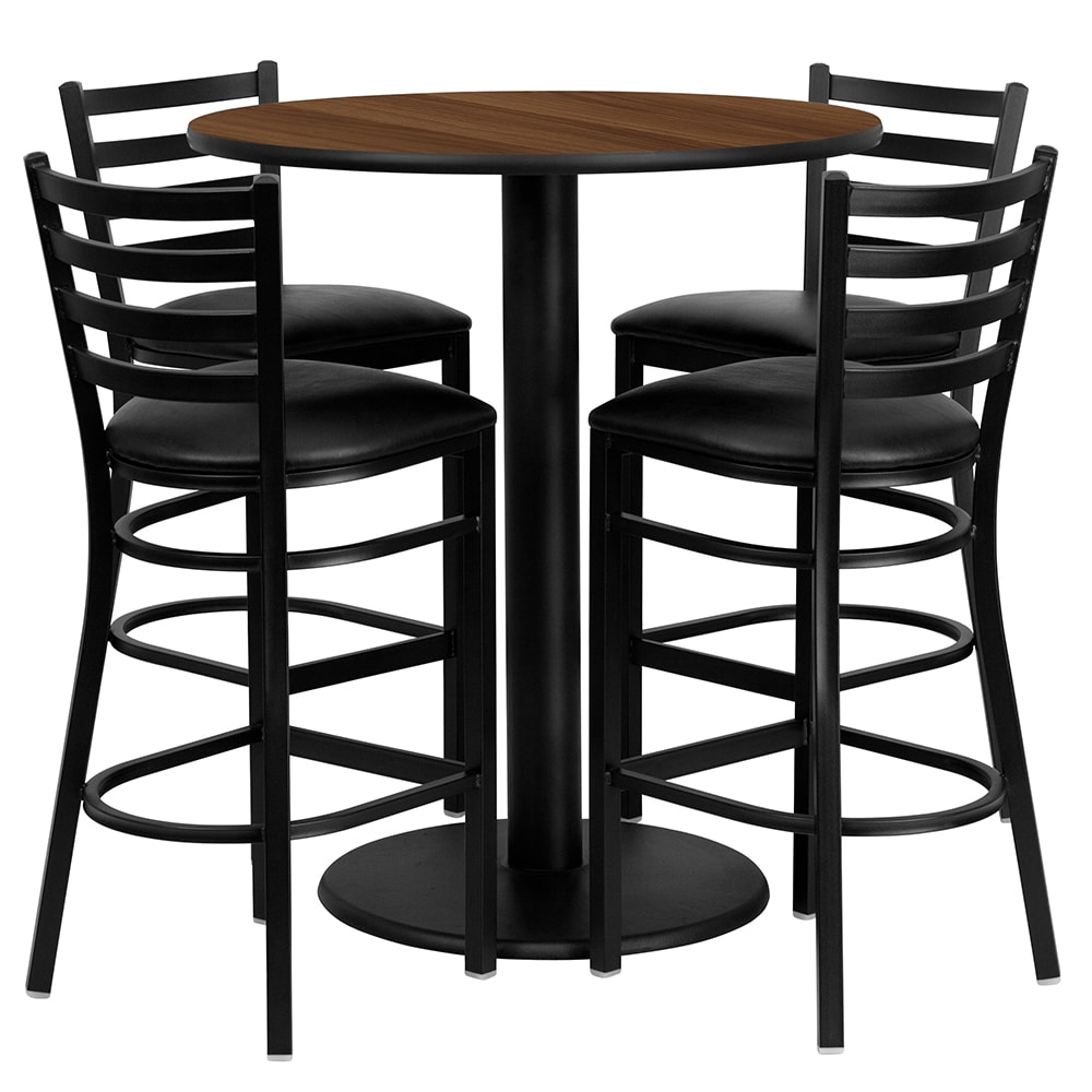 916-MD0011 36" Round Bar Height Table w/ (4) Bar Stool Set - Walnut Laminate Top, Steel Base