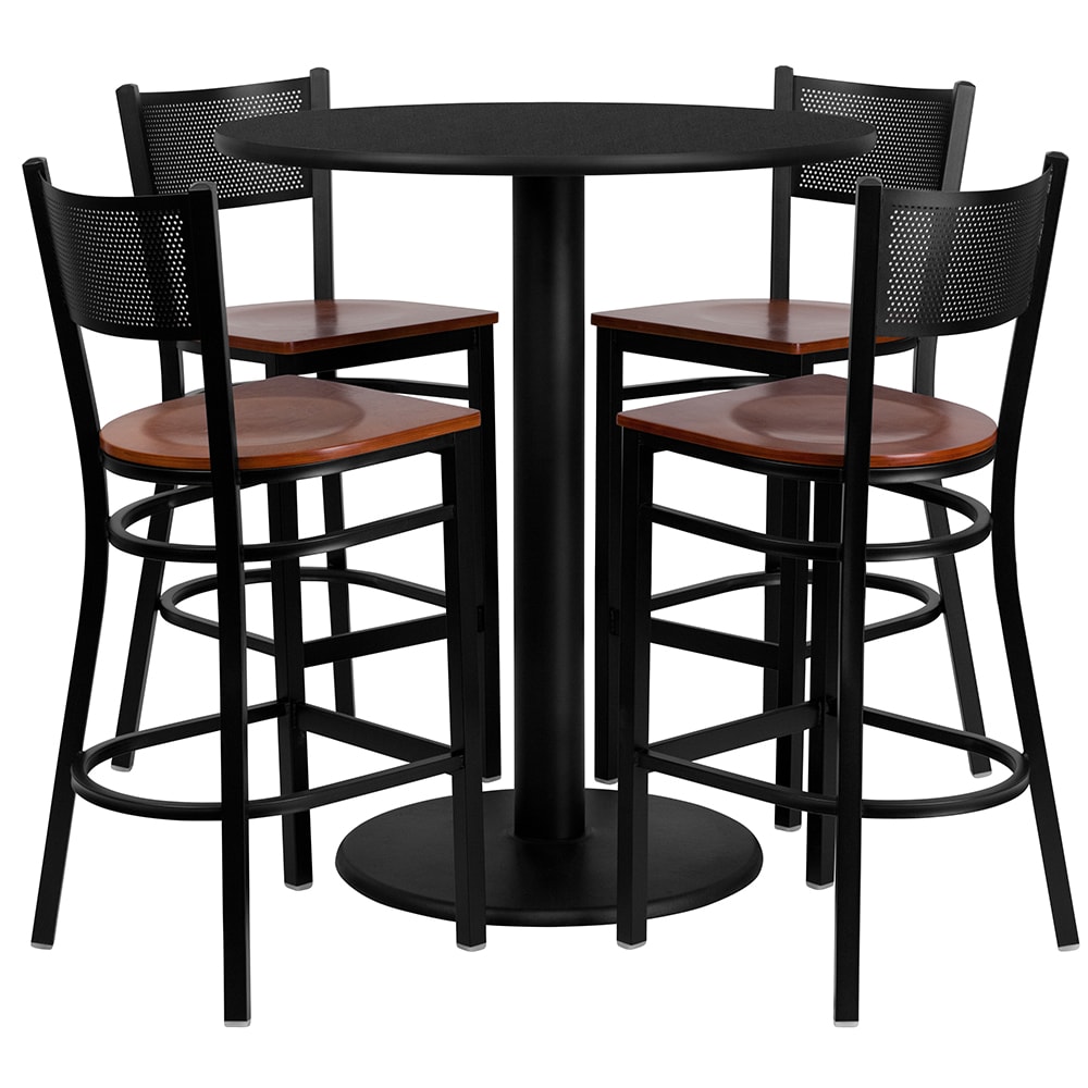 916-MD0018 36" Round Bar Height Table w/ (4) Bar Stool Set - Black Laminate Top, Steel Base