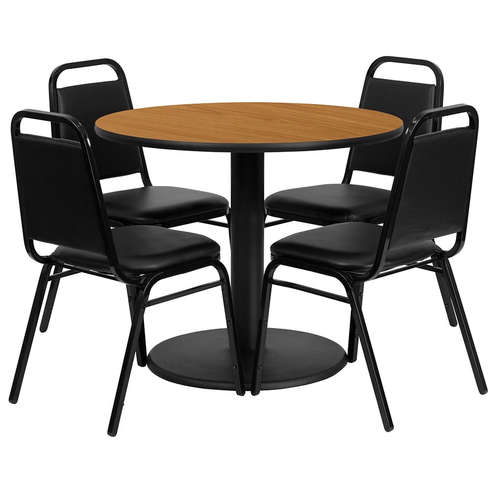 916-RSRB1003 36" Round Table & (4) Banquet Chair Set - Natural Laminate Top, Cast Iron B...